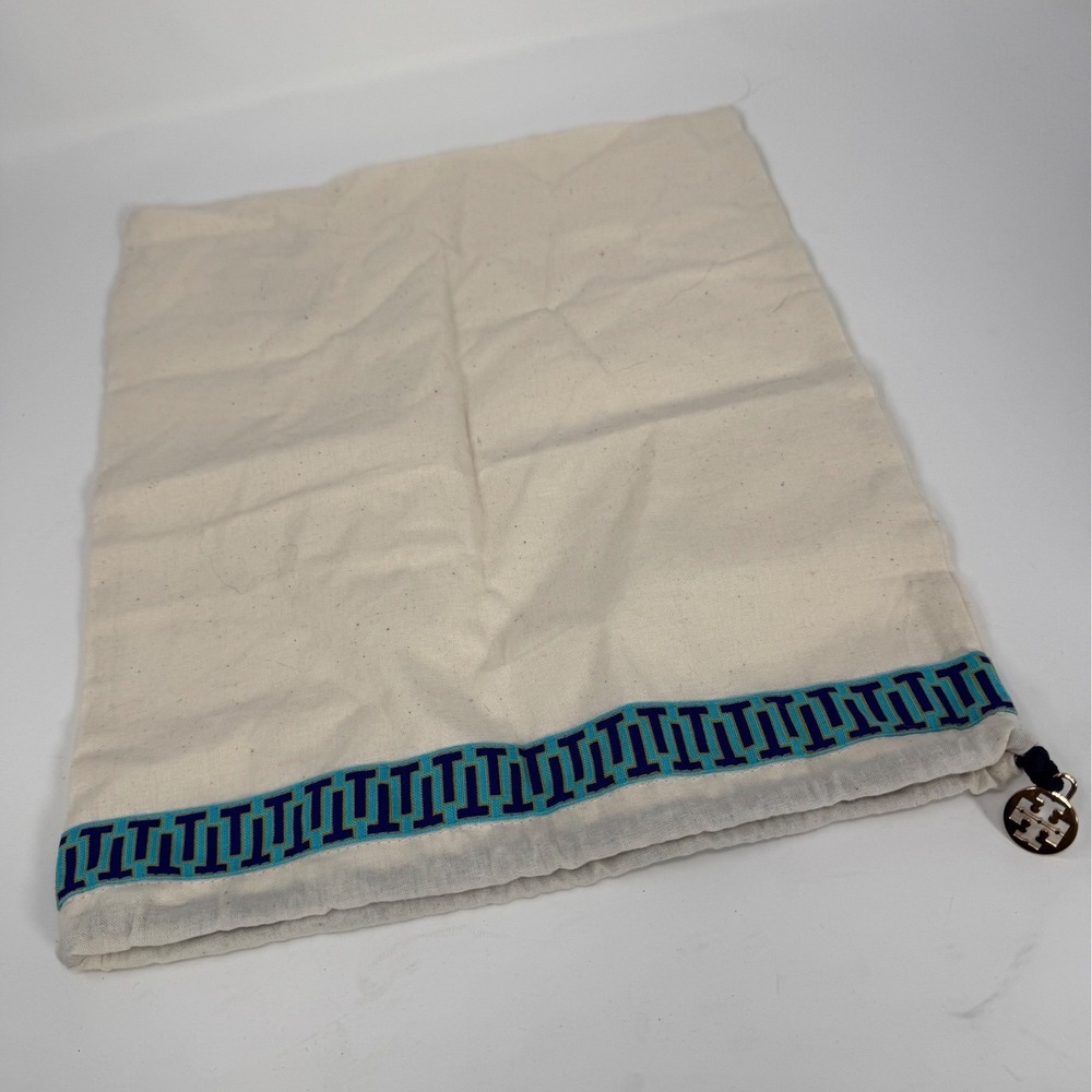 Tory Burch Cream Canvas Drawstring Dust Bag Teal Navy‎ T Logo Gold Charm